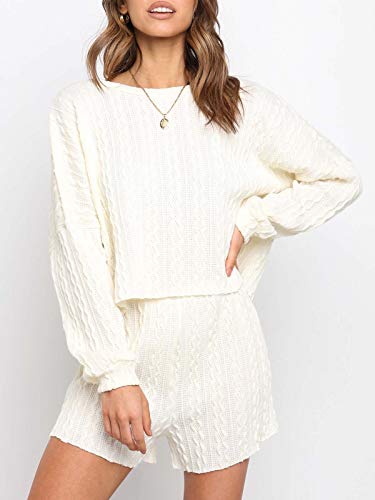 Faroro Women'S 2 Piece Knit Outfits Casual Long Sleeve Tops And Shorts Pajama Set Pullover Loungewear Sets Beige thumb #4
