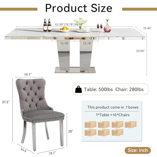 Image of 11-Piece Extendable Dining Table Set for 10, Modern 63 inch-94 inch White Faux Marble Expandable Kitchen Table Set with 10 Velvet Chairs,Large Extendable Dining Room Tables w /Mirrored Columnar Base