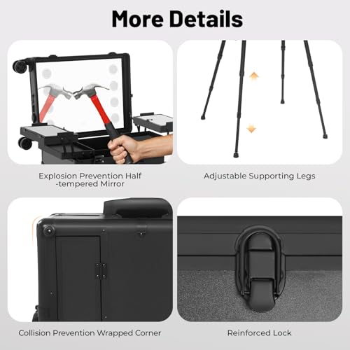 Maletín de maquillaje con espejo, mesa de tocador, estantes profesionales, negro, maletín para cosméticos - imagen 3