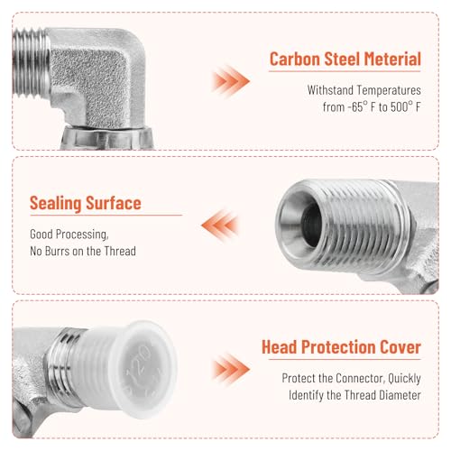 Image of 90 Elbow Hydraulic Fitting: 1 /4 inch NPTF Male x 1 /4 inch NPSM Female | 5 Pack Carbon Steel Hydraulic Hose Swivel Crimp Adapters with Protective Cover for Hydraulic Assembly System - 1501-04-04