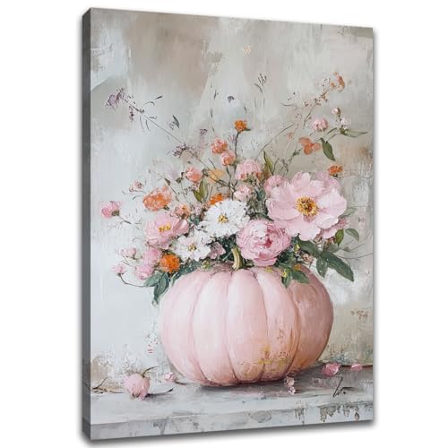 Fall Pink Pumpkin Canvas Wall Art,Botanical Flowers Halloween Autumn Harvest