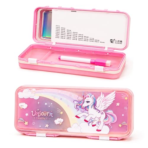 Image of WISHKEY Unicorn & Mermaid Pencil Box for Kids Large Capacity Double-Sided Pencil Case with Multiplication Table Secure Lock Spacious Compartments Cute School Stationery Box for Girls Multicolor