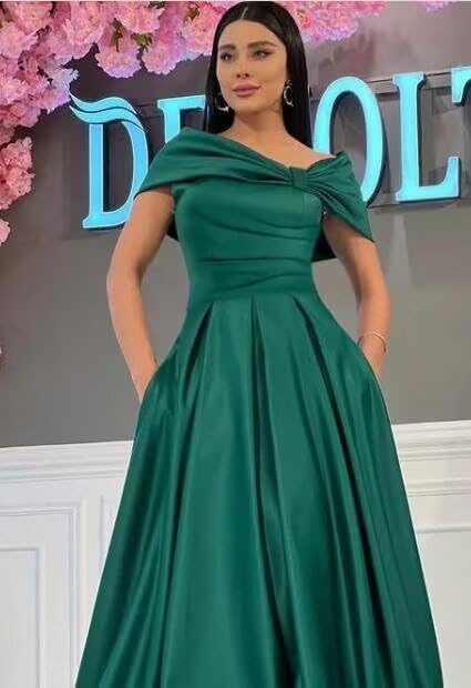 Off The Shoulder Mother of The Bride Dresses Tea Length Prom Dress Ruffle Satin Formal Evening Gowns with Pockets2