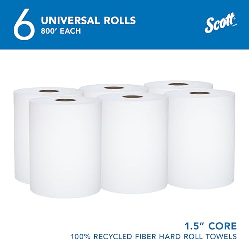 Image of Scott Professional Hard Roll Paper Towels, Bulk, 6 Rolls x 800' (56158) | Universal 1.5 inch Core, 100% Recycled Fiber, White, Standard Tier, Absorbency Pockets, Compatible with Universal Roll Dispensers