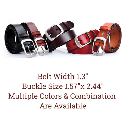 Women's Belt Genuine Leather Belts Width 1.3" Durable Waist Belt Silver Solid Pin Buckle Waistband For Pants, Jeans3