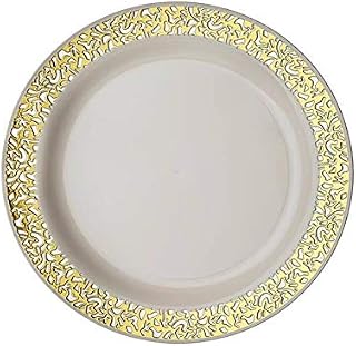 Set Of 10 | Ivory Round Disposable Plastic Dinner Plates With Gold Lace Design Rim - 6 Inch