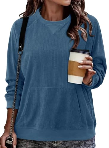 KISSMODA Women's Casual Long Sleeve Sweatshirt Color Block/Solid Crewneck Corduroy Pullover Cute Tops