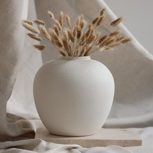 TheCozyBay White Ceramic Vase 20cm Round Flower Vase Modern Decor for Living Room Minimalist Leak-Proof Vases with Soft Pads Modern Farmhouse Decor
