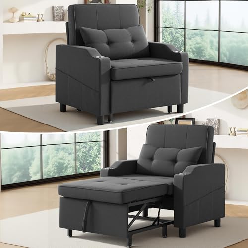 Image of Convertible Sleeper Chair, 5-in-1 Pull Out Chair Bed with Adjustable Backrest for Adults, Single Sofa Bed with USB Ports,Side Pocket,Cup Holder for Living Room,Dark Gray