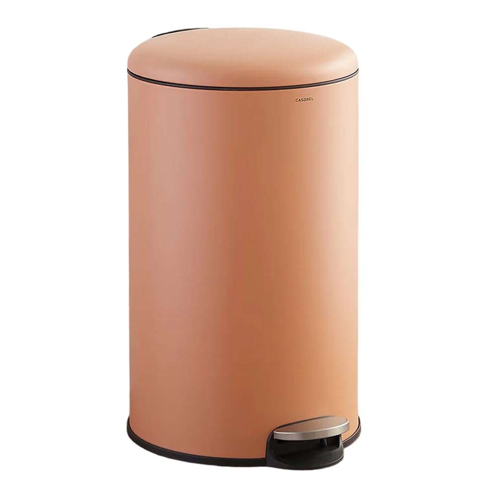CASABEL Cubo de basura de cocina redondo 50L, acero inoxidable, terracota | Apertura con pedal, Cierre suave, Acero antihuellas, Aro de sujeción de bolsa, Asa de transporte, Fácil mantenimiento