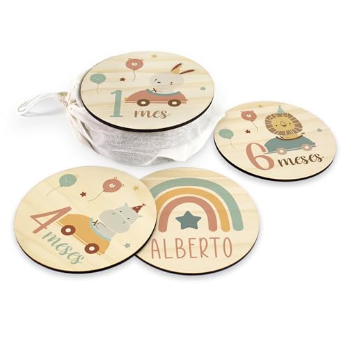 DEHOME - Placas Cumplemes Personalizadas con Nombre - Tarjetas Hito Bebé Madera Pino Natural 4mm - Impresión Directa sobre la madera - Regalo para Recién Nacido Hecho en España (Party, Español)