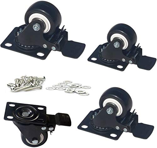 MySit Plate Casters with Brake Lock and Hardwares, 4 Pack 2 Inch Heavy Duty Black Swivel PU Rubber Brake Caster Wheels