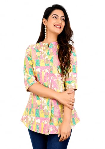 Image of Women's Rayon Floral Printed Short Kurti | Regular Fit | Mandarin Collar | Casual Wear for Office, College