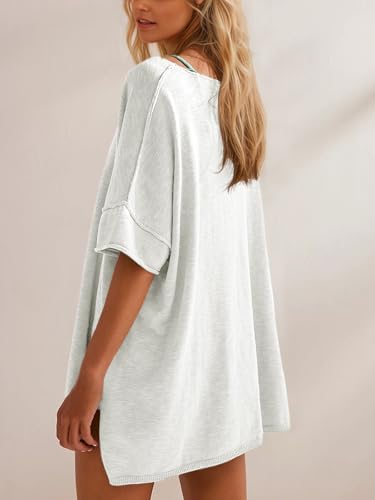 Tankaneo Women's Oversized T Shirts Casual Summer Crew Neck Loose Dropped Short Sleeve Side Slit Hem Blouse Tunic Tops4