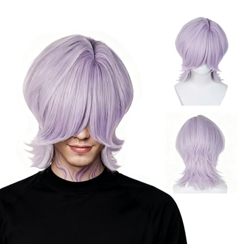 QACCF Short Layered Synthetic Fiber Mens Halloween Pelucas Chostume Cosplay Wig (Purple)