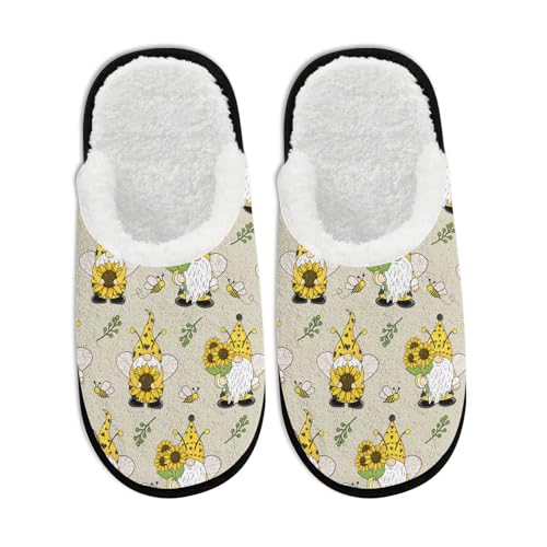 Fuzzy Travel Slippers for Women Men Indoor Outdoor Sunflower Bee Gnome Print Washable Bedroom Fluffy Slipper Fleece-Lined Fall Winter Warm Cozy Soft Plush Comfy House Shoes Holiday Gifts