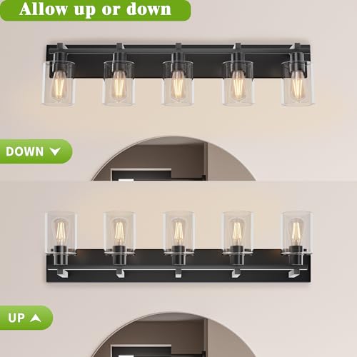 Image of Bathroom Vanity Light,5 Light Matte Black Light Fixture with Thickened Clear Glass Shade, 37 inch Modern Wall Sconce, Bathrooms Vanity Light Over Mirror for Bathroom