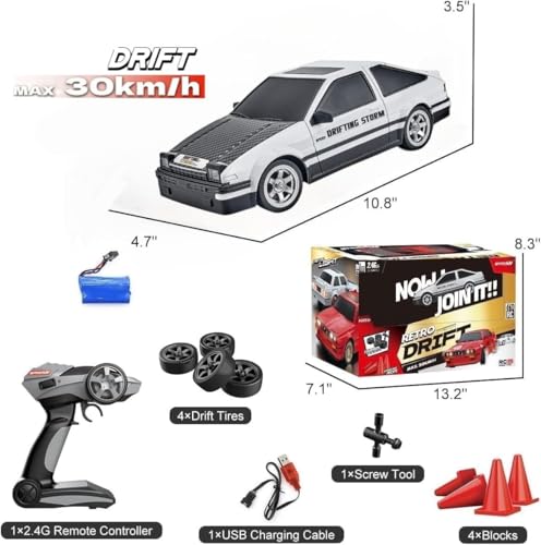 Image of Rc Drift Remote Control Car 1:24 Scale, High-Speed, 4Wd, Led Lights, Rechargeable Racing Car, Drifting Tires, 2.4Ghz, for Kids [Colors as Per Stock] (Toyoto Ae86 Rc Drift -White)