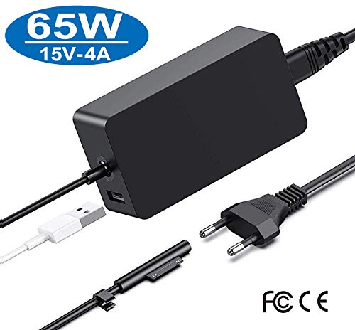 Chargeur Surface Pro,65W 15V 4A Surface Chargeur du0092Alimentation pour Microsoft Surface Pro X/Pro 7 /Pro 6 /Pro 5/Pro 4, Surface Book, Surface Go, Surface Laptop avec Un Port USB et Le Câble