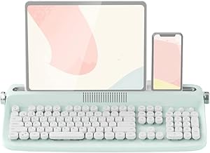 Typewriter Keyboard Wireless Bluetooth 5.0 Retro Aesthetic Cute Kawaii Round Keycaps 106-Key with Num Pad Clicky Mechanical Feeling with Pad/Phone Holder for Windows/Mac OS/Android/iOS (Mint)