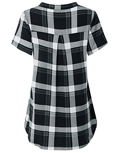 Womens Shirt, Ladies From-Fitting Grid Short Sleeve Button Down Top Buffalo Plaid Retro Geometric Print Blouses Shift Dressy Hipster Draped Tunic For Office Black Xxxl #TOP1