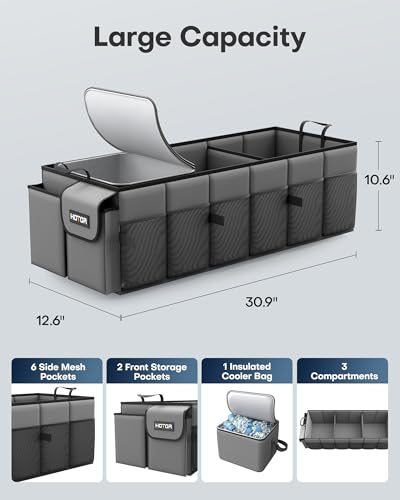 Image of HOTOR Trunk Organizer, Sturdy Foldable with Cooler for Car & SUV, 3 Compartments, Grey, 30.90 inchx12.60 inchx10.63 inch
