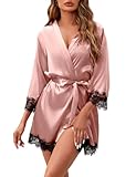 ESKTJH Bathrobe Silky for Women Short Robe Sexy Lace V Neck Kimono Dressing...