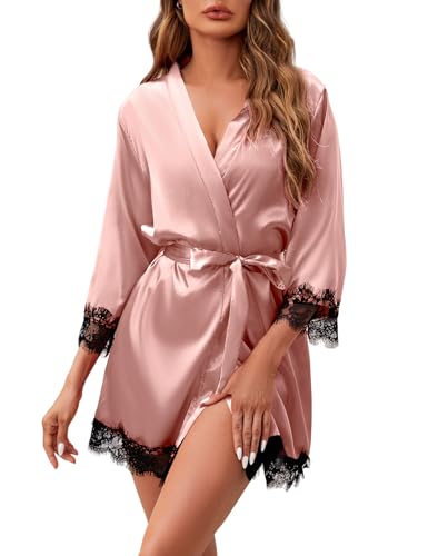 Image of Women's Silk Robe Short Sexy Lace Bride Party Satin Bathrobe Kimono Sleepwear
