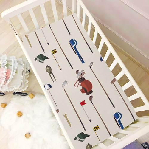 Image of Cartoon Golf Game Pattern Crib Sheets Soft Breathable Fitted Baby Crib Sheets Mattress Cover for Girls Boy, 52 inch x 28 inch x 9 inch
