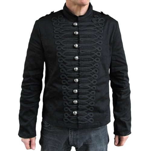 Image of Men Gothic Military Jacket Black Parade Band Uniform Steampunk Hussar Style Coat (US, Alpha, Medium, Regular, Regular, Black)