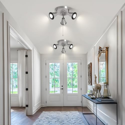 Image of 3-Light Industrial Directional Track Lighting with Pull Chain On /Off, Adjustable Round Ceiling Spotlight, Morden Nickel Flush Mount Kitchen Li