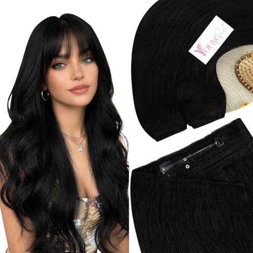 Image of YoungSee Wire Hair Extensions Real Human Hair Jet Black Hair Extensions Wire Black Fish Line Human Hair Extension Long Straight Hair 20In 105G