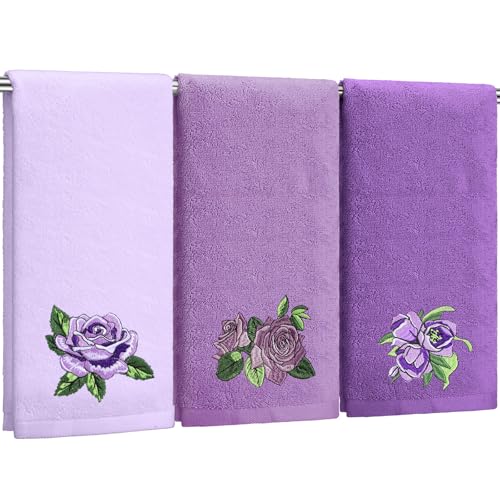 FuWeave 3 Pcs Purple Rose Hand Towels Lavender Purple Bathroom Decor Embroidered Floral Farmhouse Decorative Towels for Bathroom Kitchen Decor, 100% Cotton, 13. 3 x 29. 5''
