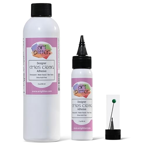 Art Institute Glitter Designer Dries Clear Glue Kit 8oz & 2oz Bottles with Ultra Fine Metal Tip and Pin
