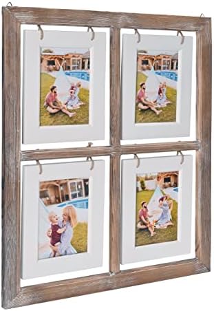 MONT PLEASANT Farmhouse Home Decor, 4x6 or 5x7 Collage Picture Frames for Wall, 4 Opening Distressed White Frames,Wood Window Frame Hold Four 4x6 Photo with Mats,Vintage Craftsmanship Wall Decor, Rustic Brown and White