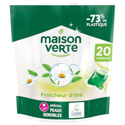 Maison Verte, Lessive Detachante Ecolabel en Capsules, Fraicheur d'ete, Efficace des 30°C, Special Peaux Sensibles, 73% de plastique, 20 Lavages