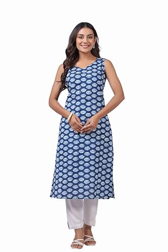 Image of Ichaa Women's All-Over Printed Sleeveless Kurta | Straight Fit Ethnic Kurta | Round Neck Casual Ethnic Wear Kurta