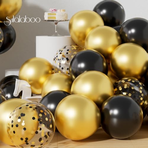 Image of Metallic Black and Gold Balloons 12 Inch 73PCS Gold Black Confetti Latex Balloons Shiny Helium Balloon Set for Birthday Party Anniversary Graduation Decorations