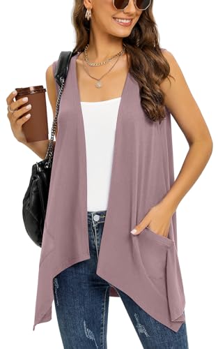 Veryoung Mauve Sleeveless Cardigans for Women Trendy Lightweight Summer Cardigan Vest Casual Open Front Draped Sweater with Pockets Asymmetric Hem,L