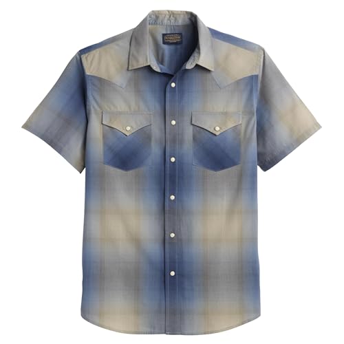 Pendleton Mens Short Sleeve Frontier Shirt Comfortable Cotton Polyester Snap Closure Washable - Navy/Grey Ombre