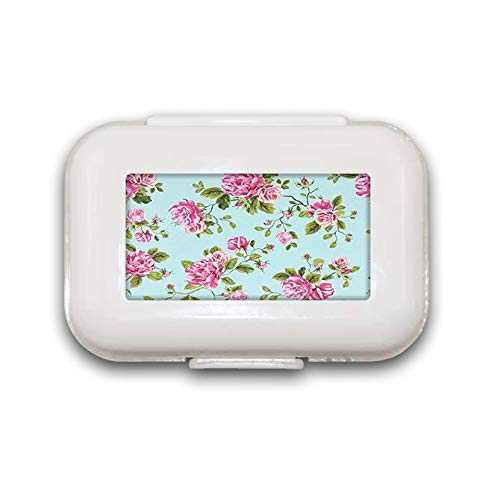 Green Mint Floral Pink Rose Flower Pill Box,Pill Organizer Case for Purse Daily/Weekly