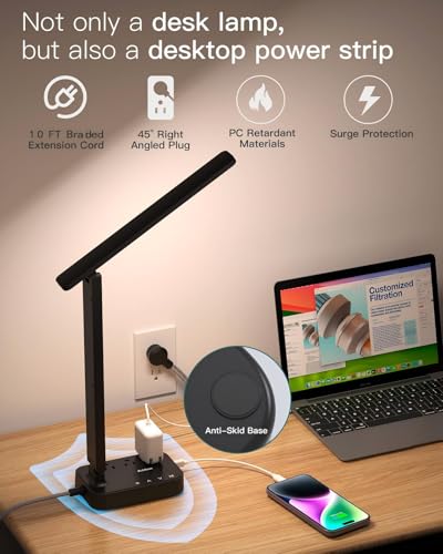 Image of Addtam LED Desk Lamp, Power Strip with 3 Outlets 4 USB Charging Ports(2 USBC), 4 Modes 5 Level Brightness Touch Lamp, Small Desk Lamp for Home Office College Dorm Room Essentials, 10 FT