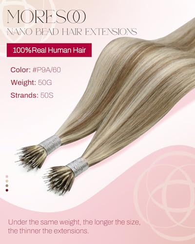 Image of Moresoo Nano Hair Extensions Human Hair, Beige Platinum Blonde, 20 Inch | 50g 50 strands, no-glue ring installation, human hair can be curled or straightened for casual and date-night looks