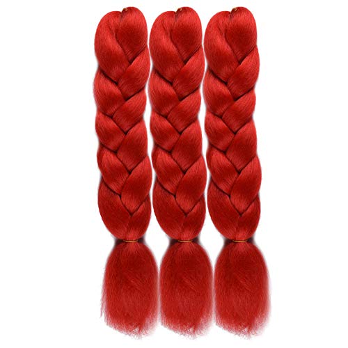 3 Pieces Kanekalon Jumbo Braiding Hair Extensions Pure Red Color 24 Inches 100g/pc Kanekalon Fiber for Twist Braiding Hair