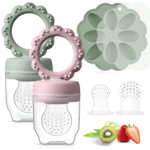 Image of Olabocio Baby Fruit Feeder with Mini Freezer Tray, 2 Pack Silicone Baby Food Feeder for Batch Prep, Breastmilk Popsicle Molds, includes 2 Extra Pouches and Lids, Dishwasher Safe, BPA Free