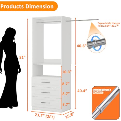 Image of 2-5FT Walk in Closet System with 3 Drawers, 81 inch Tall Closet Organizer System Tower with Hanging Rod, Wooden Closet Storage Cabinet, White