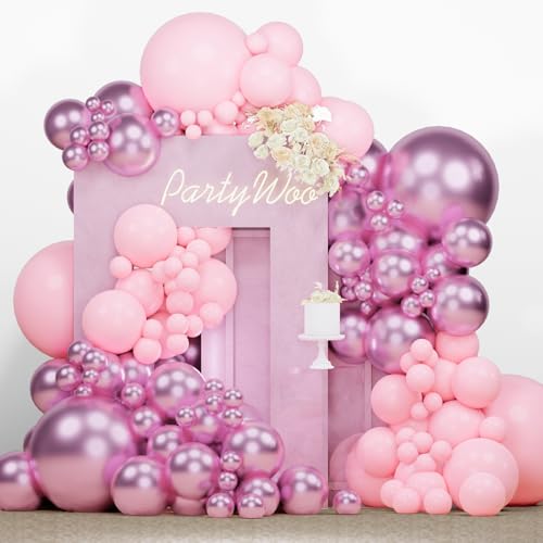 Image of PartyWoo Pink Balloons 140 pcs Different Sizes Pack of 18 12 10 5 Inch Light Pastel and Metallic Pink Balloon Arch Kit Garland For Birthday Baby Shower Wedding Party Decorations Pink-Q05 and Pink-G108