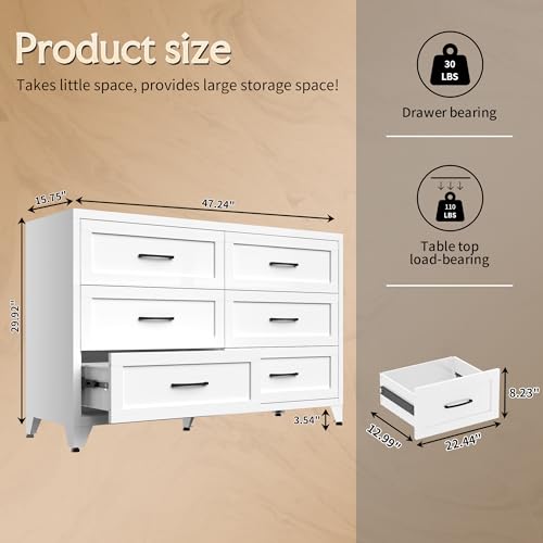 Image of Dresser for Bedroom, Chest of Drawers, 6 Drawers Metal Dresser with Anti-Tipping Device, White Bedroom Dresser for Living Room, Entryway, Hallway