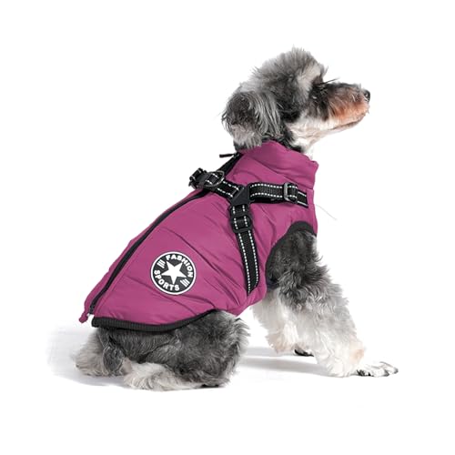 Koramaku 犬服「2024冬の登場」一体型綿コート ハーネス付き 背中開き おしゃれ 牽引 夜間反射 暖かい ペット 猫 犬 服 冬 小型犬 中型犬 着脱簡単 裏起毛 ベスト 防寒 防水 撥水 ジャケットリードリングあり お散歩(2XL,パープル)