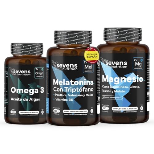 Pack Sueño y Recuperación - Triptófano con Melatonina y Magnesio - Melatonina Pura 1,9 mg + Citrato de Magnesio + Omega 3 Cápsulas Veganas - Complementos Alimenticios para Apoyo Nocturno y Bienestar